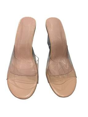 Clear Lucite Block Heel Mules Nude Sandals Size 40